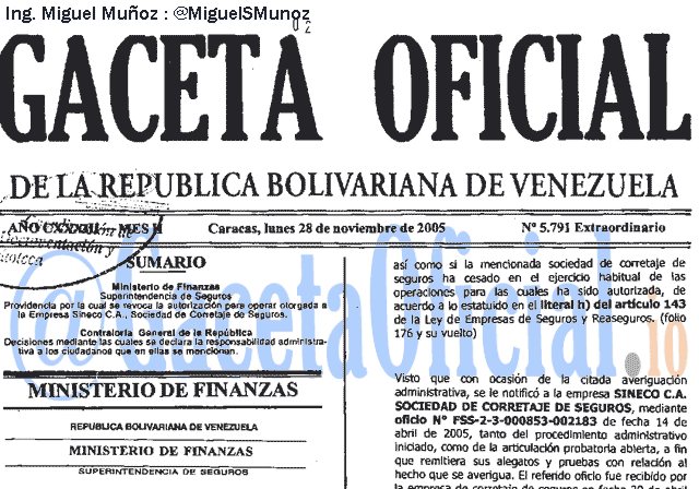 Gaceta Oficial 5791 del 28 Noviembre 2005