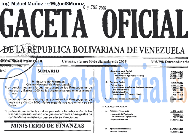 Gaceta Oficial 5798 del 30 Diciembre 2005