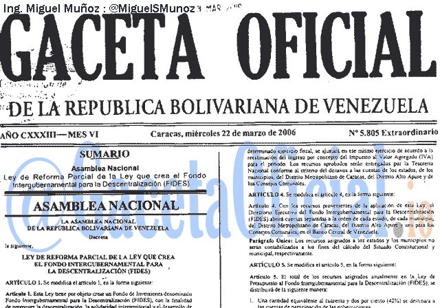 Gaceta Oficial 5805 del 22 Marzo 2006