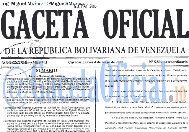 Gaceta Oficial 5807 del 4 Mayo 2006