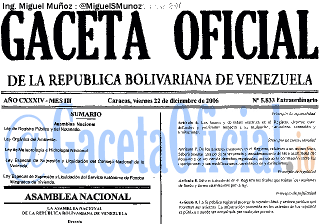 Gaceta Oficial 5833 del 22 Diciembre 2006
