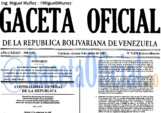 Gaceta Oficial 5835 del 5 Enero 2007