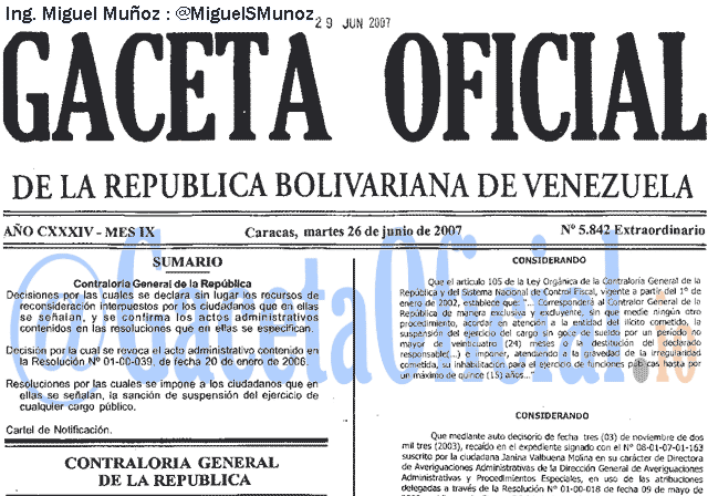 Gaceta Oficial 5842 del 26 Junio 2007
