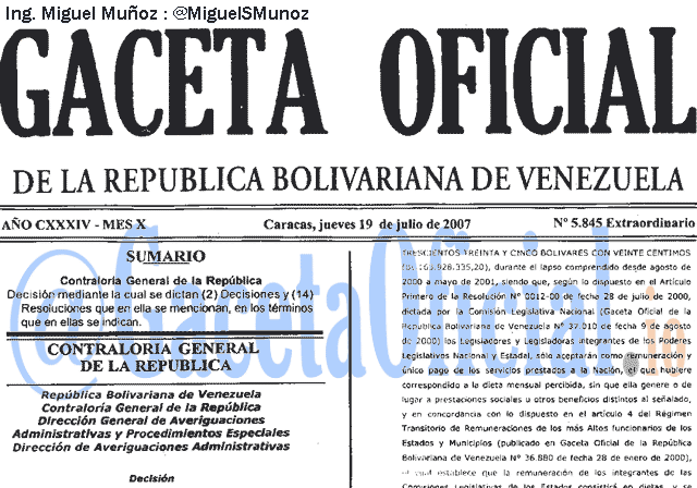 Gaceta Oficial 5845 del 19 Julio 2007