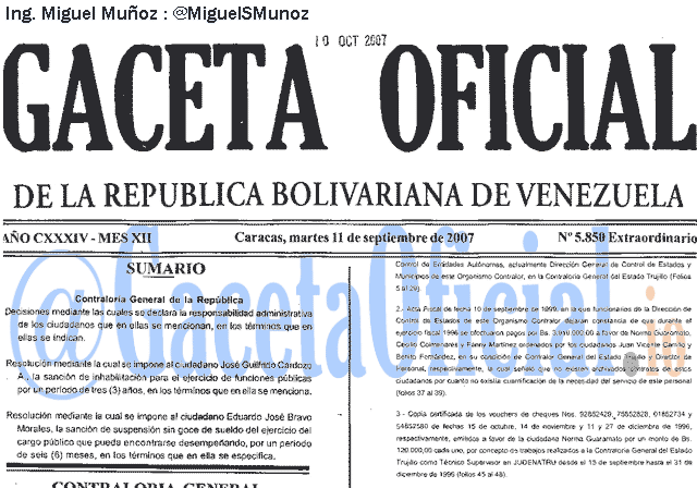Gaceta Oficial 5850 del 11 Septiembre 2007