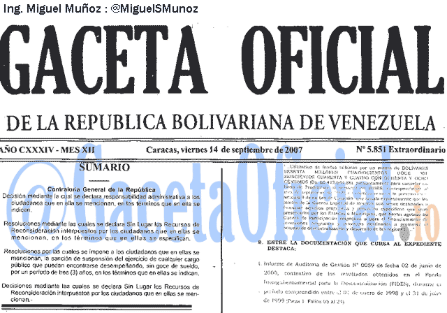 Gaceta Oficial 5851 del 14 Septiembre 2007