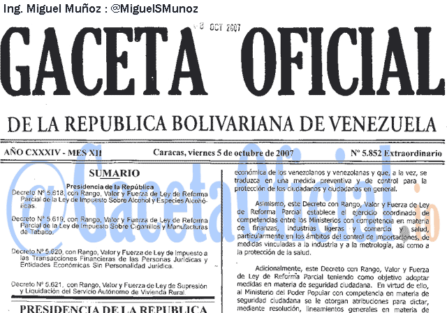 Gaceta Oficial 5852 del 5 Octubre 2007
