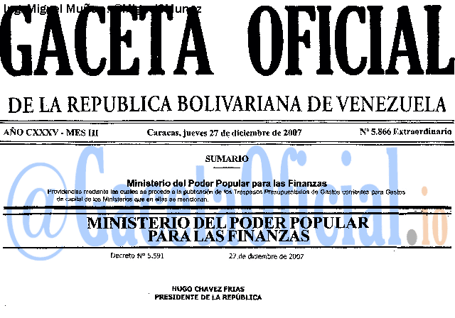 Gaceta Oficial 5866 del 27 Diciembre 2007