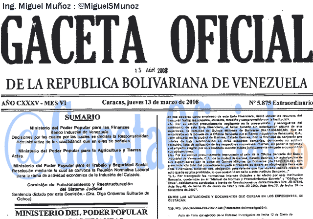 Gaceta Oficial 5875 del 13 Marzo 2008