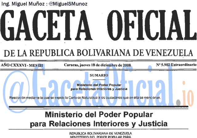 Gaceta Oficial 5902 del 18 Diciembre 2008