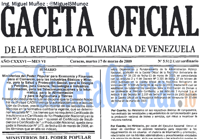 Gaceta Oficial 5912 del 17 Marzo 2009
