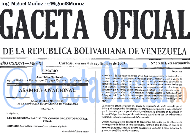 Gaceta Oficial 5930 del 4 Septiembre 2009