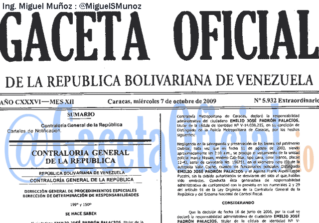 Gaceta Oficial 5932 del 7 Octubre 2009