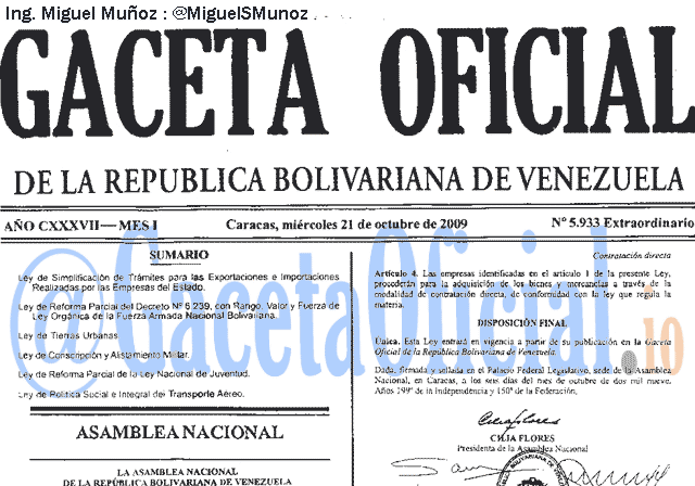 Gaceta Oficial 5933 del 21 Octubre 2009