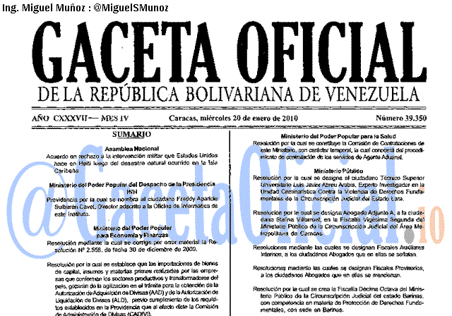Gaceta Oficial 39350 del 20 Enero 2010
