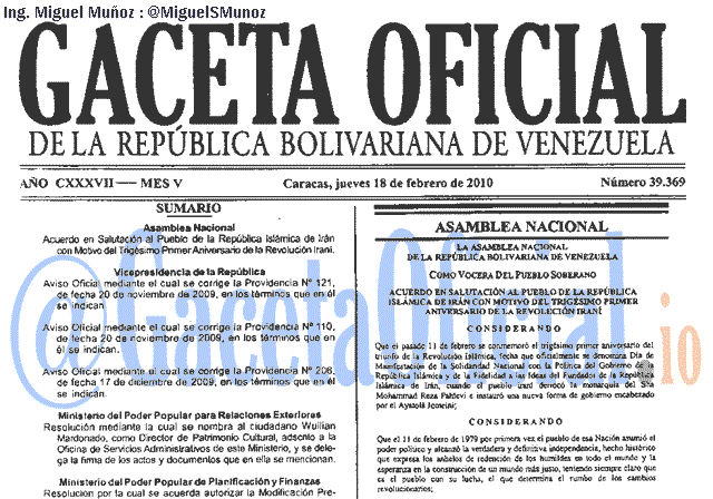 Gaceta Oficial 39369 del 18 Febrero 2010