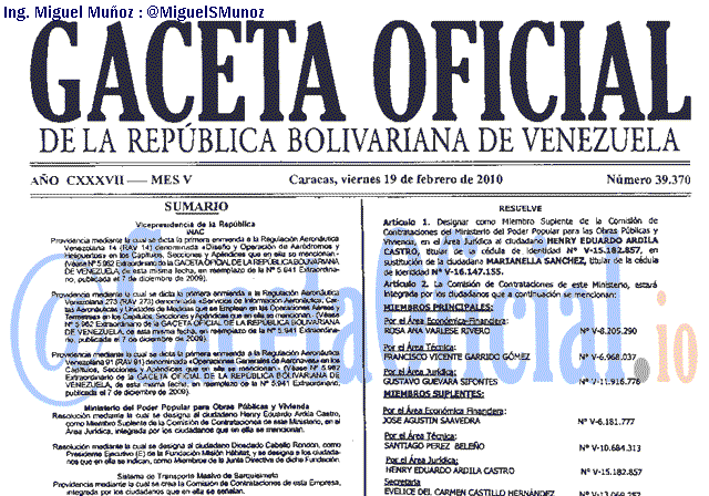 Gaceta Oficial 39370 del 19 Febrero 2010