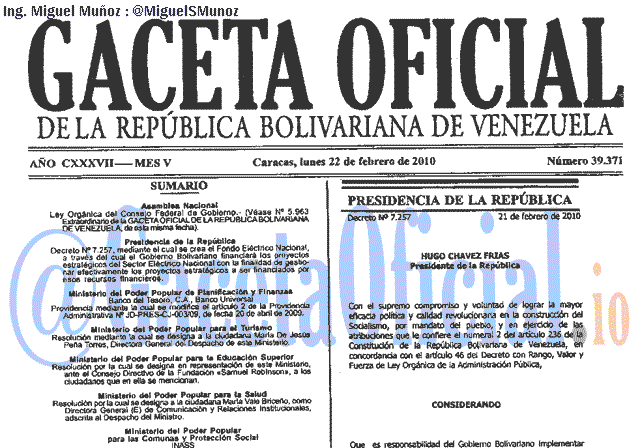 Gaceta Oficial 39371 del 22 Febrero 2010