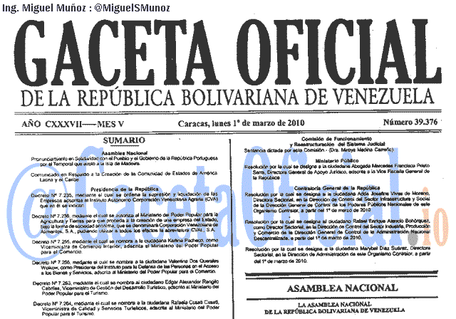Gaceta Oficial 39376 del 1 Marzo 2010