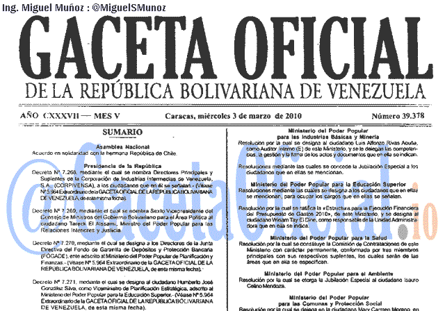 Gaceta Oficial 39378 del 3 Marzo 2010