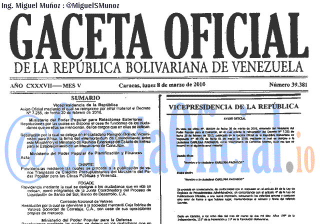 Gaceta Oficial 39381 del 8 Marzo 2010
