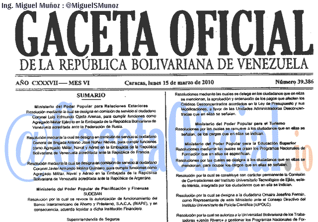 Gaceta Oficial 39386 del 15 Marzo 2010