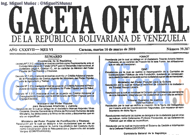 Gaceta Oficial 39387 del 16 Marzo 2010