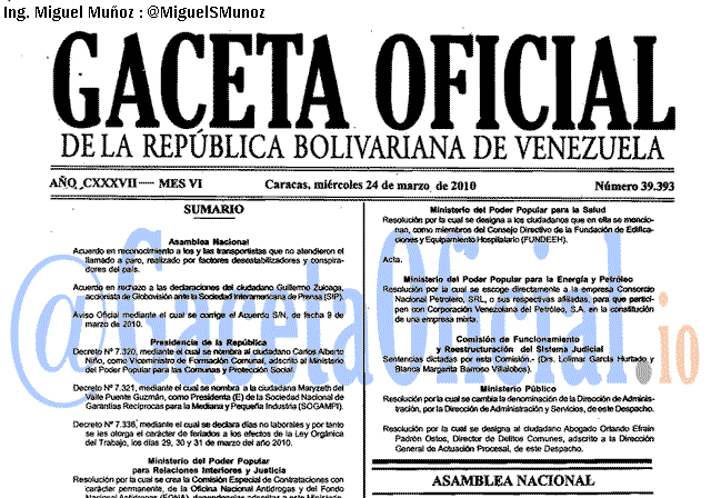 Gaceta Oficial 39393 del 24 Marzo 2010