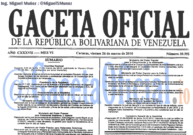 Gaceta Oficial 39395 del 26 Marzo 2010