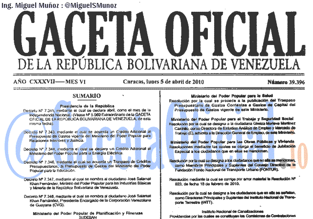 Gaceta Oficial 39396 del 5 Abril 2010