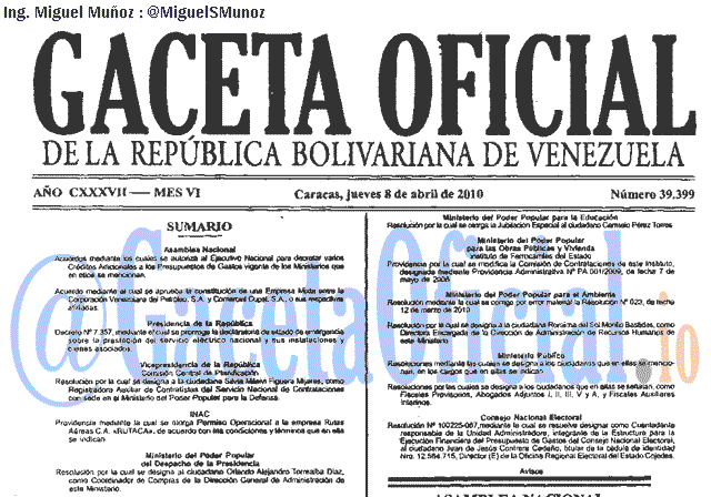 Gaceta Oficial 39399 del 8 Abril 2010