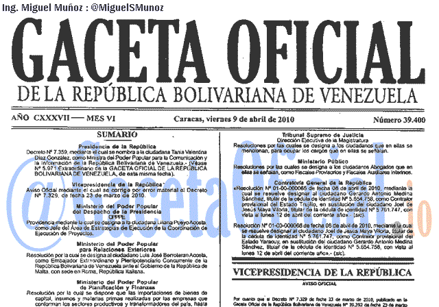 Gaceta Oficial 39400 del 9 Abril 2010