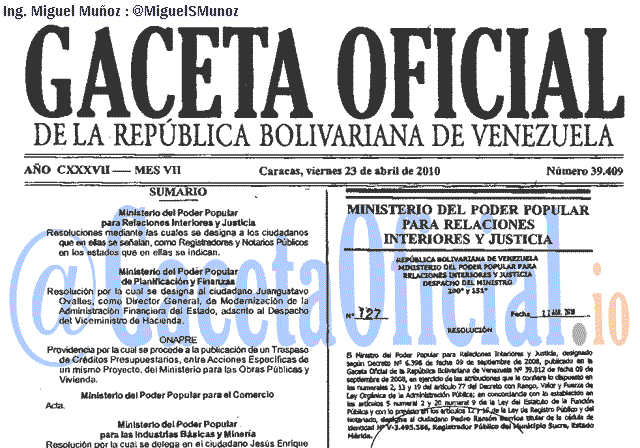 Gaceta Oficial 39409 del 23 Abril 2010