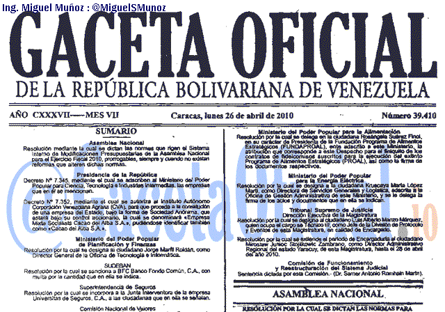 Gaceta Oficial 39410 del 26 Abril 2010