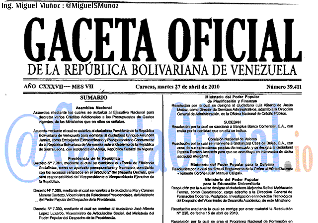 Gaceta Oficial 39411 del 27 Abril 2010
