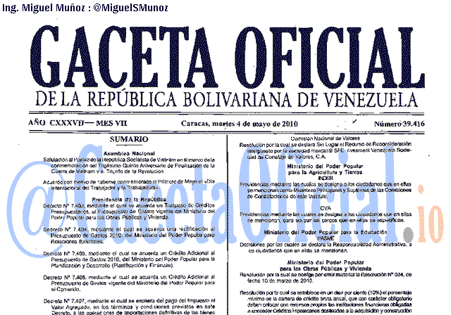 Gaceta Oficial 39416 del 4 Mayo 2010