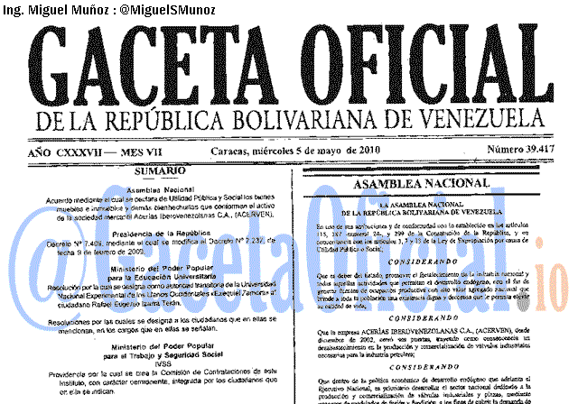 Gaceta Oficial 39417 del 5 Mayo 2010