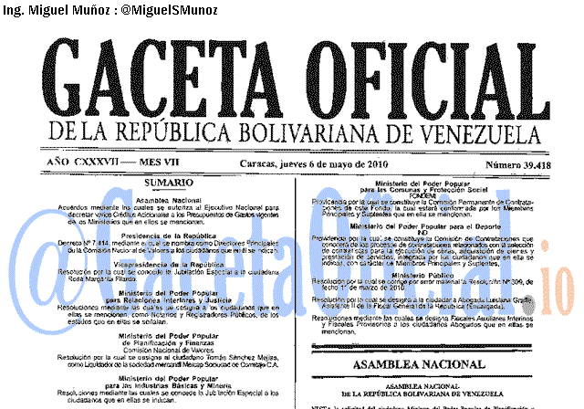 Gaceta Oficial 39418 del 6 Mayo 2010