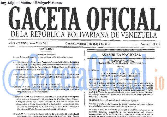 Gaceta Oficial 39419 del 7 Mayo 2010