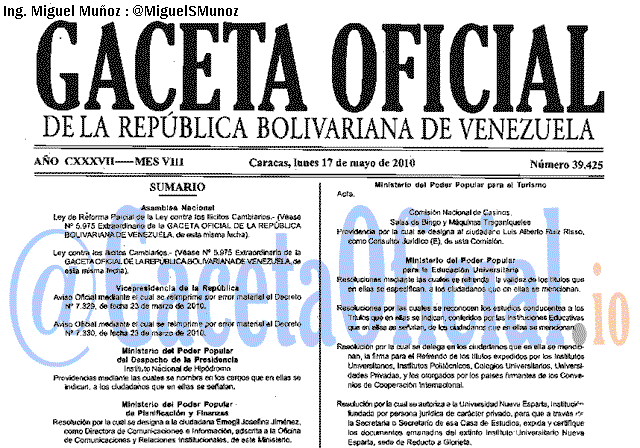 Gaceta Oficial 39425 del 17 Mayo 2010