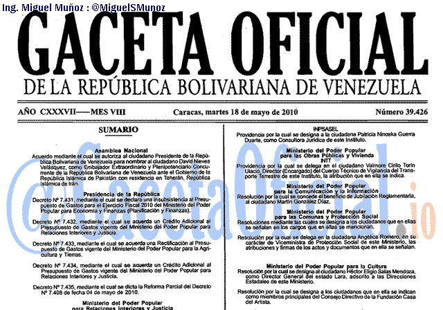Gaceta Oficial 39426 del 18 Mayo 2010