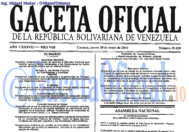 Gaceta Oficial 39428 del 20 Mayo 2010