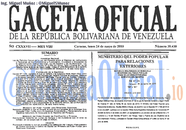 Gaceta Oficial 39430 del 24 Mayo 2010