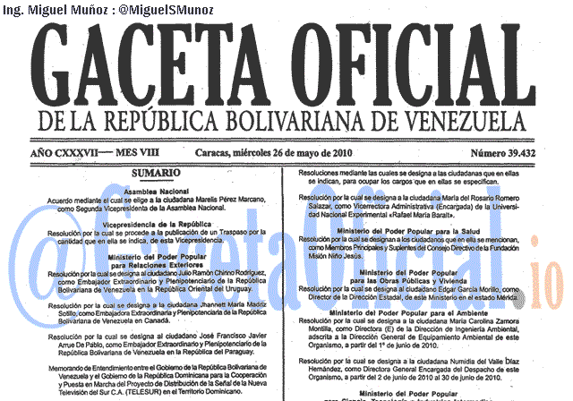 Gaceta Oficial 39432 del 26 Mayo 2010