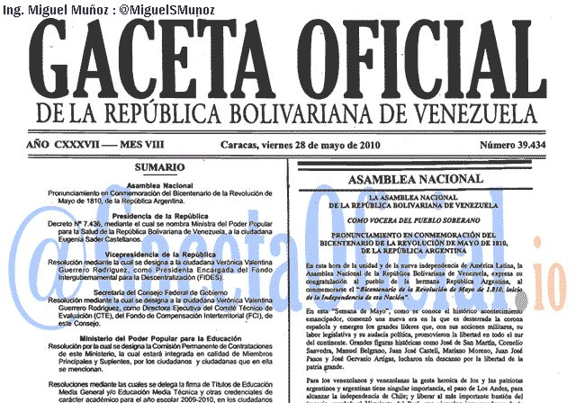 Gaceta Oficial 39434 del 28 Mayo 2010