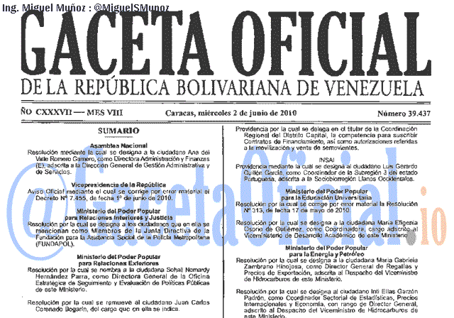 Gaceta Oficial 39437 del 2 Junio 2010