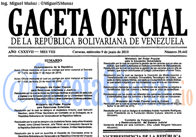 Gaceta Oficial 39442 del 9 Junio 2010