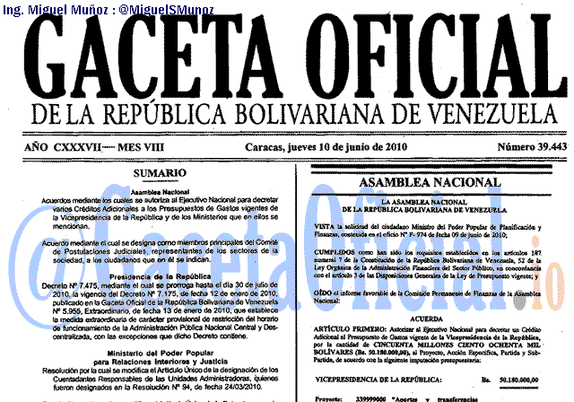 Gaceta Oficial 39443 del 10 Junio 2010
