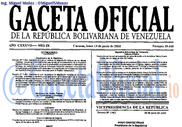 Gaceta Oficial 39445 del 14 Junio 2010
