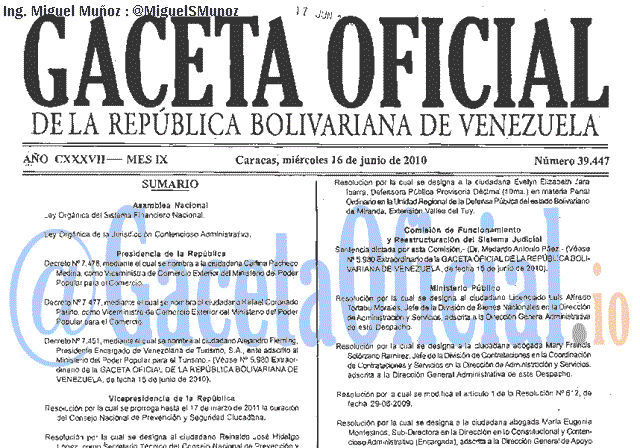 Gaceta Oficial 39447 del 16 Junio 2010